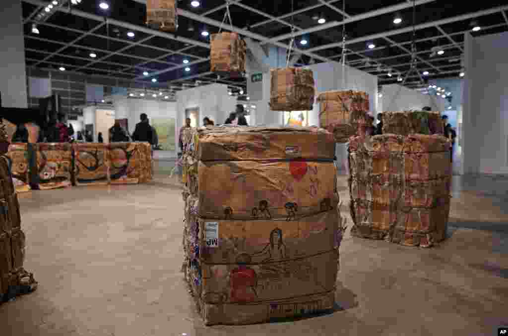 An artwork created by Indonesian artist Tintin Wulia is displayed during the VIP preview of the art fair "Art Basel" in Hong Kong, March 22, 2016.