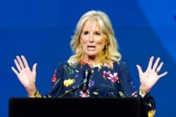 FILE - First lady Jill Biden speaks at the 2021 Scripps National Spelling Bee in Disney World in Lake Buena Vista, Fla., July 8, 2021.