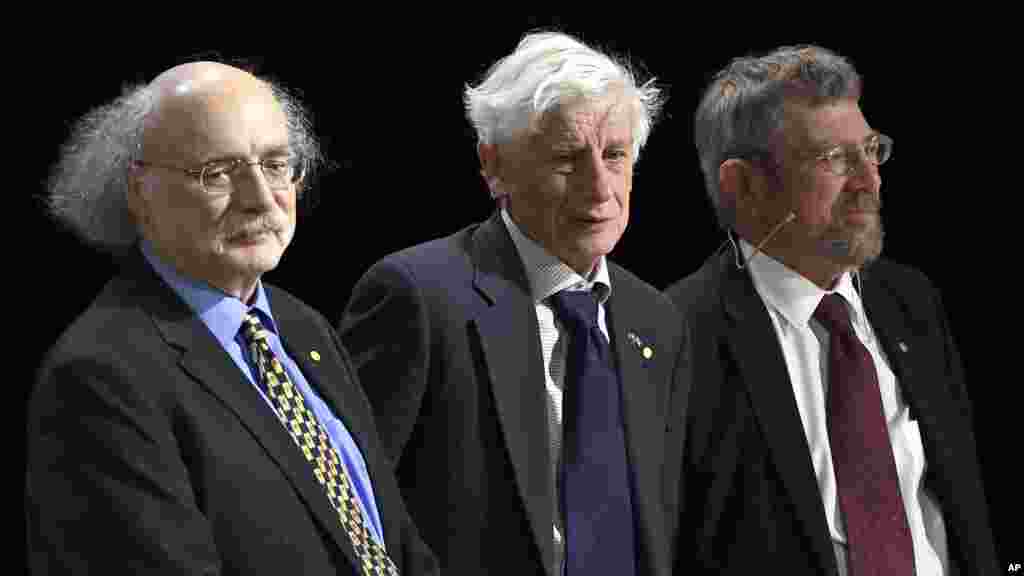 The Nobel Prize in Physics laureates F. Duncan Haldane, from left, David Thouless and J. Michael Kosterlitz attend their Nobel lectures at the Aula Magna lecture hall at the Stockholm University in Stockholm, Sweden, Dec. 8, 2016.