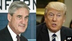 FILE - From left, former FBI Director Robert Mueller, named special prosecutor to the investigation of Russia's involvement in the 2016 U.S. presidential election, and President Donald Trump.