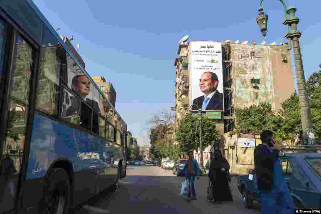 A banner as tall as a building promoting incumbent President Abdel Fattah el-Sissi’s second term for president, is seen in Nasr Al-Ainy street in downtown Cairo, Egypt, March 12, 2018.