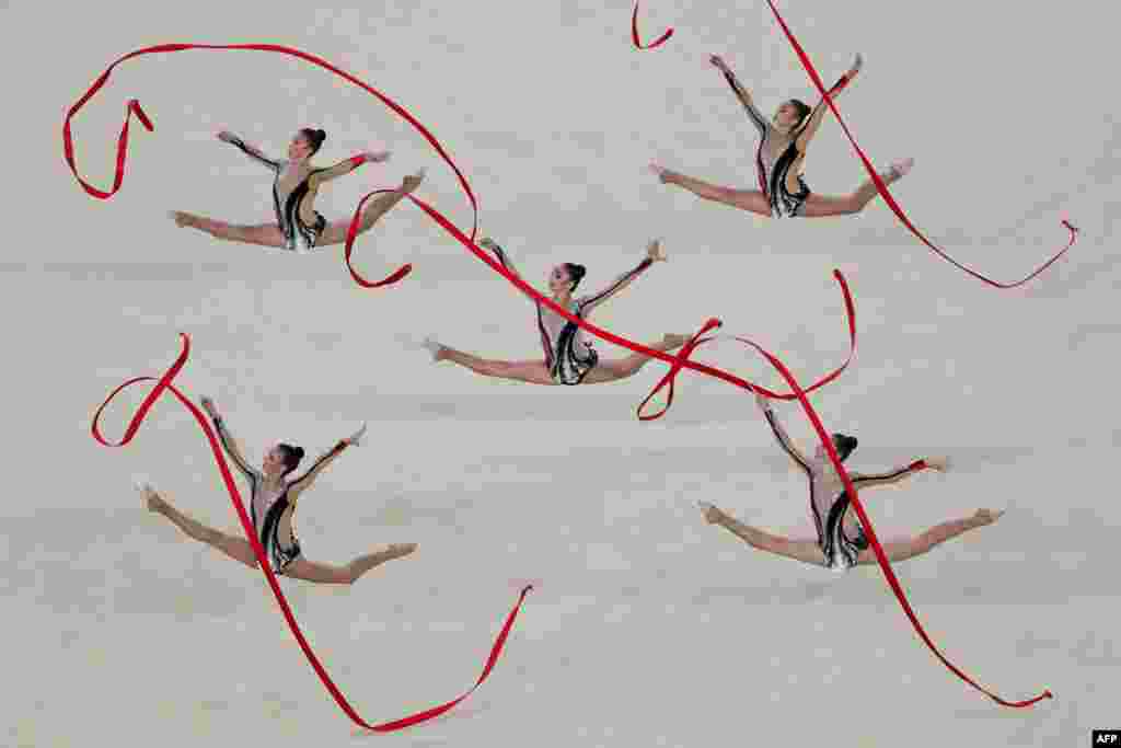 Israel's team compete in the group all-around final event of the Rhythmic Gymnastics at the Olympic Arena during the Rio 2016 Olympic Games in Rio de Janeiro, Brazil.