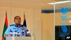 Maldives' Deputy Police Commissioner Abdullah Nawaz speaks during a press conference as he confirms the arrest of Vice President Ahmed Adeeb in Male, Maldives, Oct. 24, 2015. 