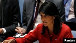 Duta Besar Amerika untuk PBB Nikki Haley berbicara pada sidang Dewan Keamanan PBB untuk membicarakan program misil Korea Utara. (Foto:dok)