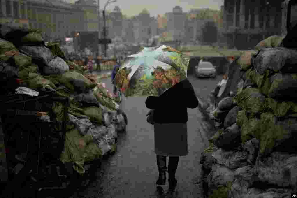 A woman walks past barricades set up by anti-Yanukovych protestors in Kyiv's Independence Square, March 6, 2014.