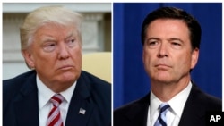 Dalam foto kombinasi ini, Presiden Donald Trump, kiri, tampak di Oval Office Gedung Putih tanggal 10 Mei 2017 sementara mantan Direktur FBI, James Comey, dalam foto tampak saat konferensi pers di Washington tanggal 30 Juni 2014 (foto: AP Photo/Evan Vucci, kiri, dan Susan Walsh, Arsip)